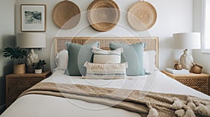 Bedroom decor, home interior design . Coastal Bohemian style