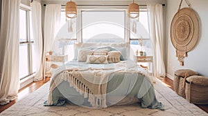 Bedroom decor, home interior design . Coastal Bohemian style