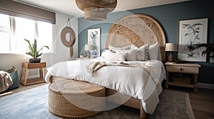 Bedroom decor, home interior design . Coastal Bohemian style