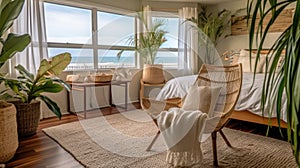 Bedroom decor, home interior design . Coastal Boho style