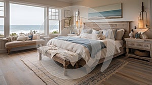 Bedroom decor, home interior design . Coastal Farmhouse style