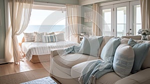 Bedroom decor, home interior design . Coastal Farmhouse style