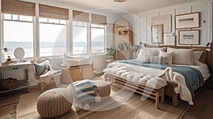 Bedroom decor, home interior design . Coastal Farmhouse style