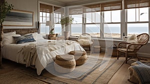 Bedroom decor, home interior design . Coastal Farmhouse style