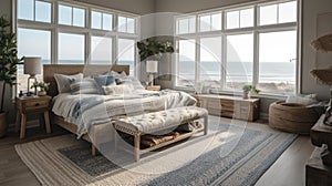 Bedroom decor, home interior design . Coastal Farmhouse style