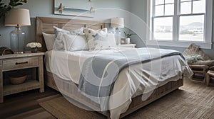 Bedroom decor, home interior design . Coastal Nautical style