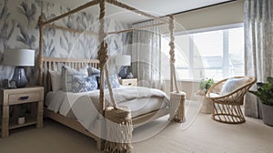 Bedroom decor, home interior design . Coastal Nautical style