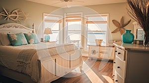 Bedroom decor, home interior design . Coastal Nautical style