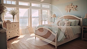 Bedroom decor, home interior design . Coastal Nautical style