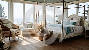 Bedroom decor, home interior design . Coastal Nautical style