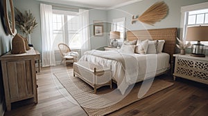 Bedroom decor, home interior design . Coastal Nautical style