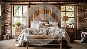 Bedroom decor, home interior design . Farmhouse Rustic style