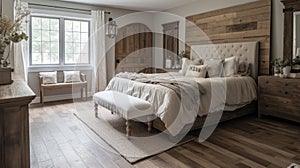 Bedroom decor, home interior design . Farmhouse Rustic style