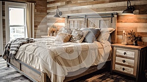 Bedroom decor, home interior design . Farmhouse Rustic style