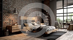 Bedroom decor, home interior design . Industrial Rustic style