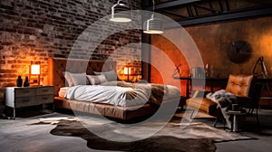 Bedroom decor, home interior design . Industrial Rustic style