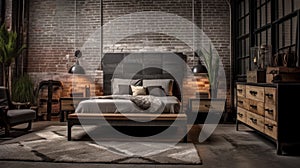 Bedroom decor, home interior design . Industrial Rustic style