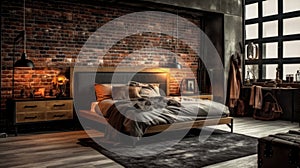 Bedroom decor, home interior design . Industrial Rustic style