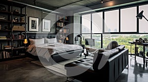 Bedroom decor, home interior design . Modern Industrial style
