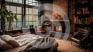 Bedroom decor, home interior design . Rustic Industrial style