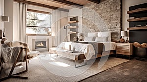 Bedroom decor, home interior design . Rustic Modern style