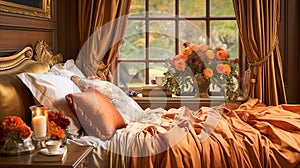 Bedroom decor, interior design and autumnal home decor, bed with silk satin bedding, bespoke furniture and autumn