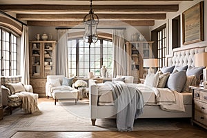 Bedroom decor, interior design and holiday rental, classic bed with elegant plush bedding and furniture, English country