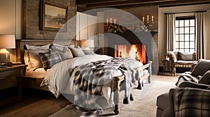 Bedroom decor, interior design and holiday rental, classic bed with elegant plush bedding and furniture, English country