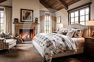 Bedroom decor, interior design and holiday rental, classic bed with elegant plush bedding and furniture, English country