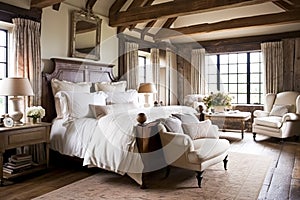 Bedroom decor, interior design and holiday rental, classic bed with elegant plush bedding and furniture, English country