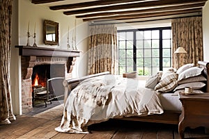 Bedroom decor, interior design and holiday rental, classic bed with elegant plush bedding and furniture, English country