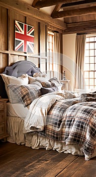 Bedroom decor, interior design and holiday rental, classic bed with elegant plush bedding and furniture, English country