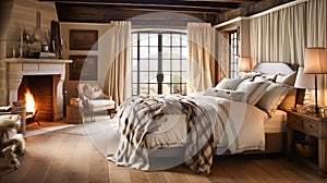Bedroom decor, interior design and holiday rental, classic bed with elegant plush bedding and furniture, English country
