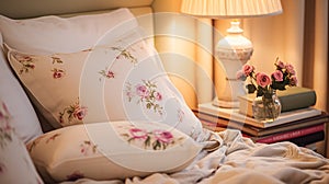 Bedroom decor, modern cottage interior design and home decor, bed linen and elegant country bedding style, lamp and