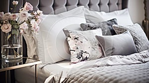 Bedroom decor, modern cottage interior design and home decor, bed linen and elegant country bedding style, lamp and