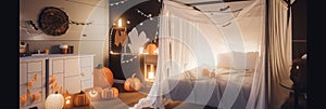 A bedroom decorated for halloween with pumpkins and candles. Generative AI image.