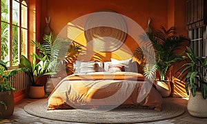 bedroom design with bright orange walls and a bed, in the style of photorealistic rendering, light pink and beige
