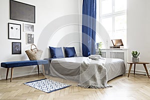 Bedroom design in modern apartment. Bed with dark blue pillows and grey duvet and blanket next to window