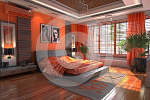 Bedroom design with orange curtains and gray bed