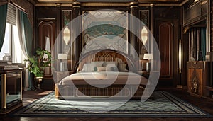 A bedroom designed for both opulence and comfort, blending Art Deco-inspired furniture