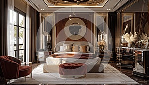 A bedroom designed for both opulence and comfort, blending Art Deco-inspired furniture