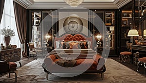 A bedroom designed for both opulence and comfort, blending Art Deco-inspired furniture