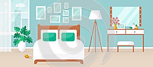 Bedroom with double bed and dressing table. Vector interior