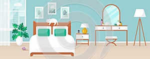Bedroom with double bed and dressing table. Vector interior