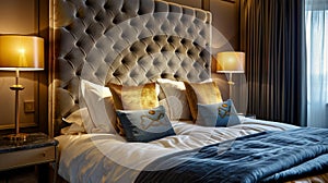 The bedroom exudes luxury with a large tufted headboard upholstered in rich velvet and accented with gleaming copper