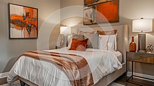 The bedroom exudes warmth with a cozy plush bed featuring crisp white linens and a coppercolored throw blanket. The