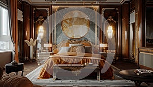 A bedroom exuding vintage glamour with Art Deco-inspired furniture