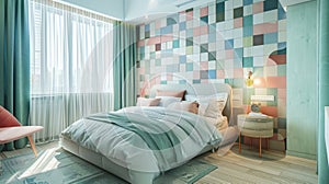 The bedroom features a statement wall covered in patterned tiles in shades of mint green baby blue and soft pink. The