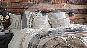 The bedroom features a statement wall made of reclaimed wood adding warmth and character to the industrial setting. The
