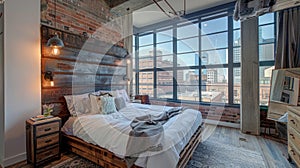 The bedroom features a unique headboard made from a repurposed metal sheet adorned with industrialstyle light fixtures